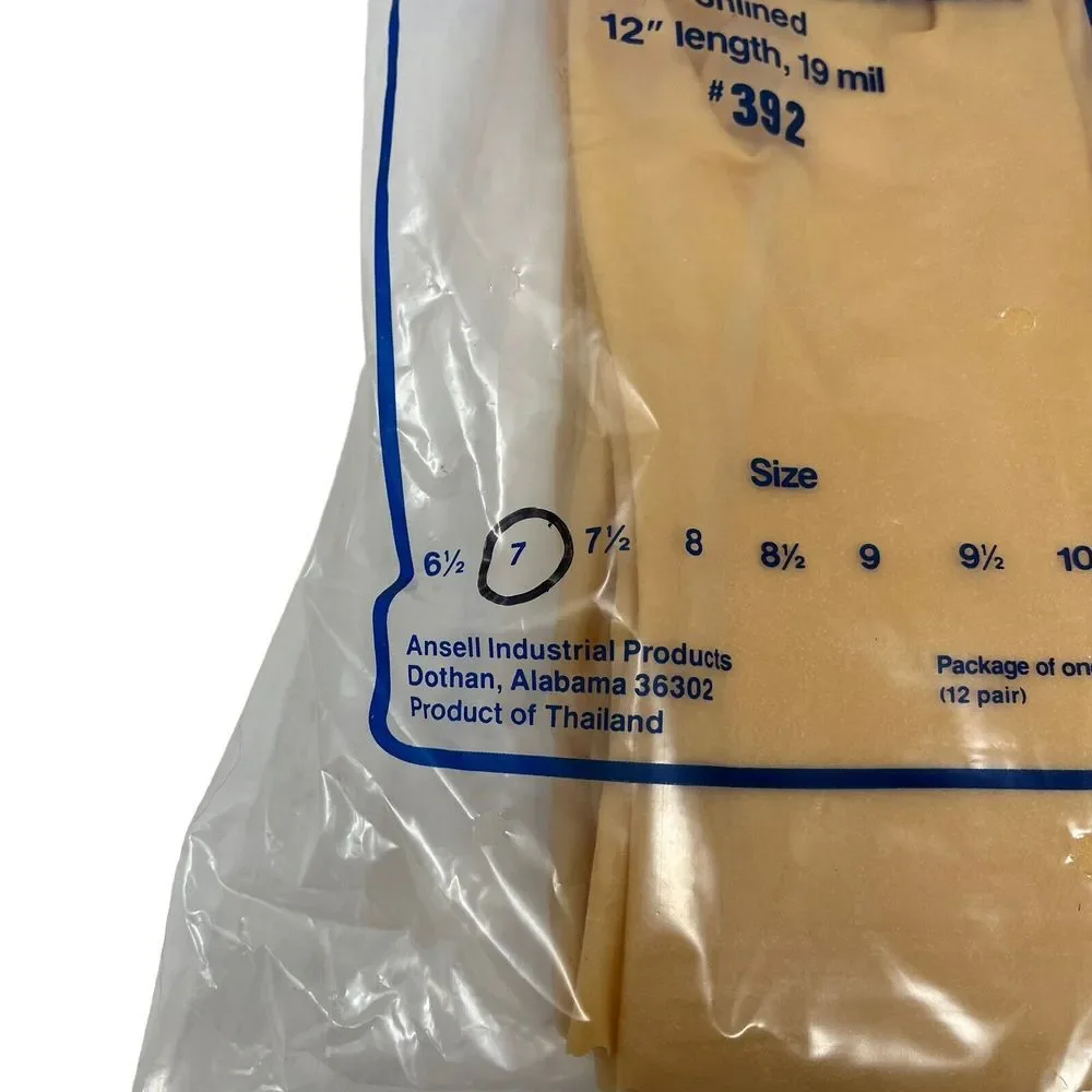 Pack Of 12 Pair‎ Ansell 392 Unlined Size 7 Natural Latex Utility Glove